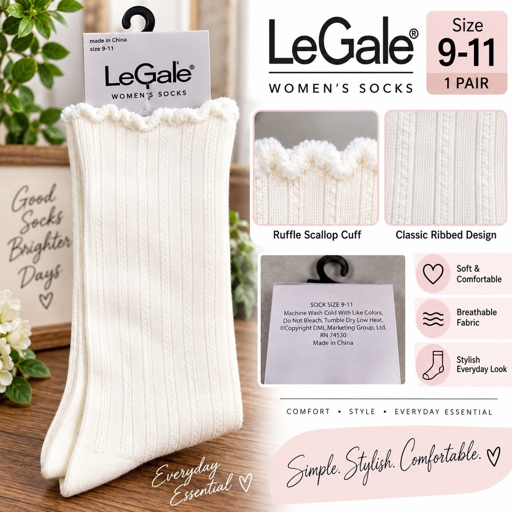 LeGale Womens Ribbed Crew Socks White Ruffle Scallop Cuff Size 9-11 NWT